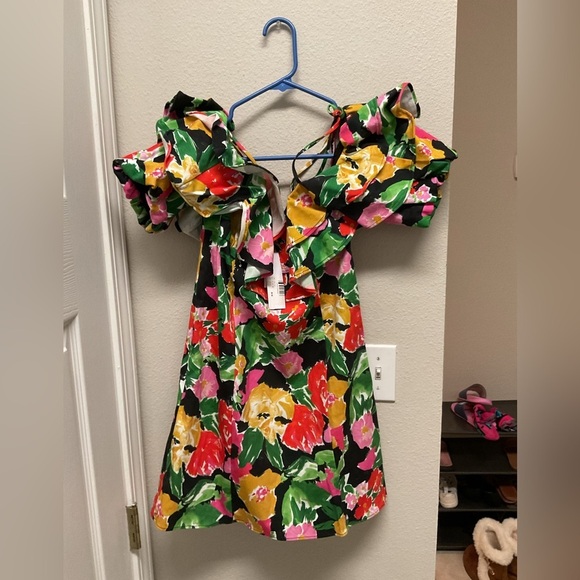 NWT Topshop Floral Bardot Mini Dress Cotton Blend Bold Ruffle Off Shoulder - Picture 7 of 7